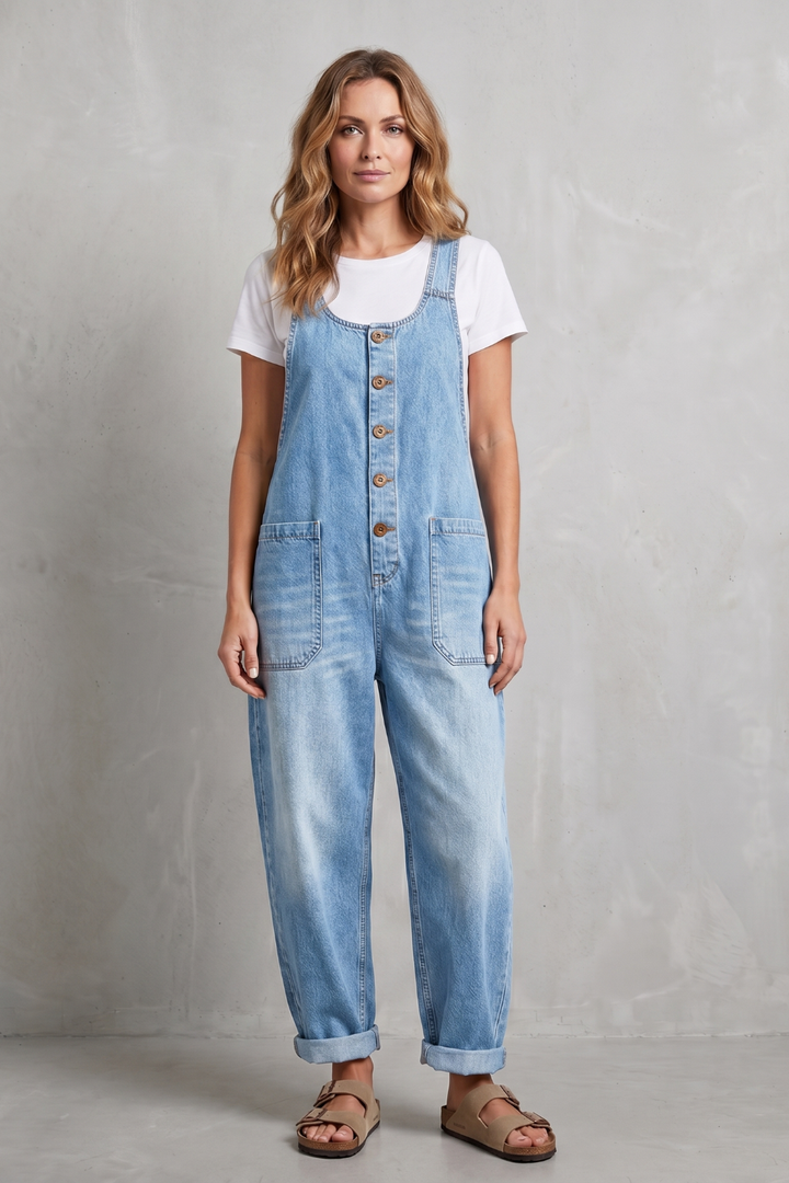 Denovia | Vintage-Wash Wide-Leg Denim Overalls