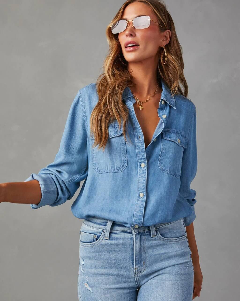 Mira | Long Sleeve Denim Shirt with Button Front