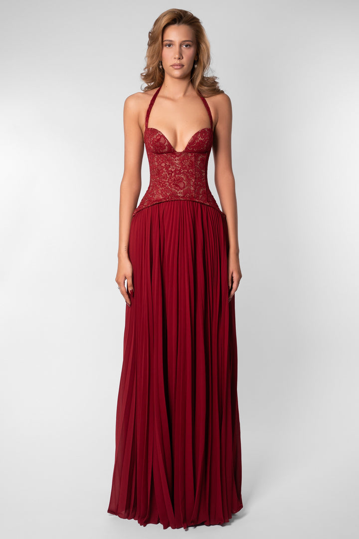 Ottilie | Sweetheart Lace Chiffon Pleated Maxi Dress