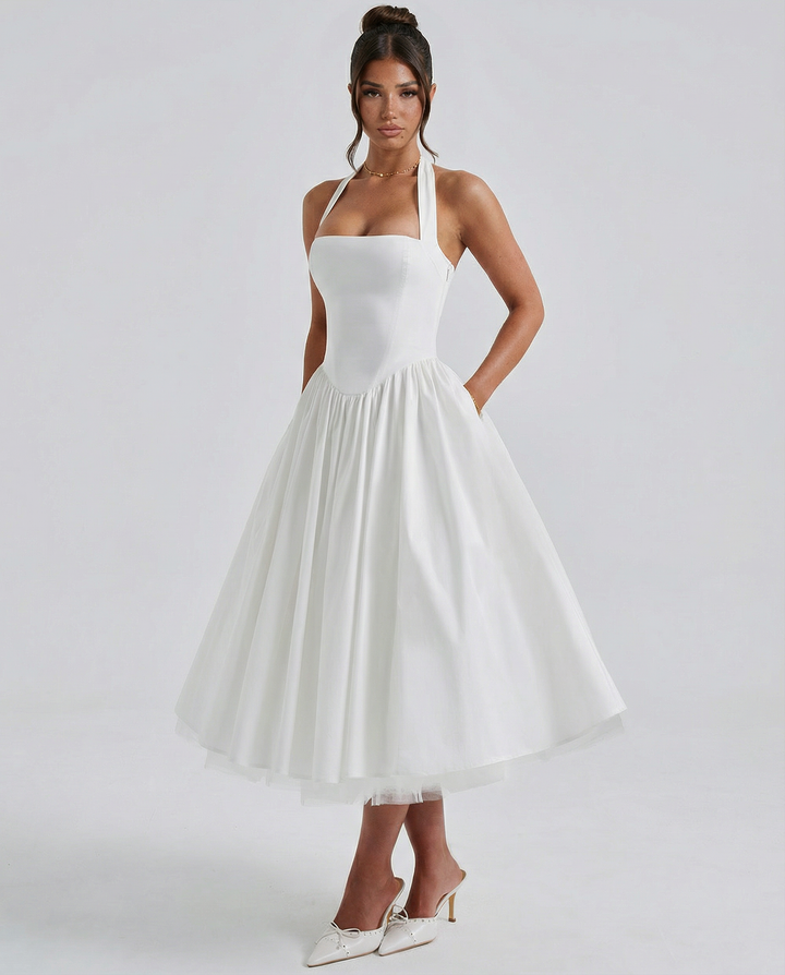 Lena | Midi Halter Neck Lace-Up Back Dress
