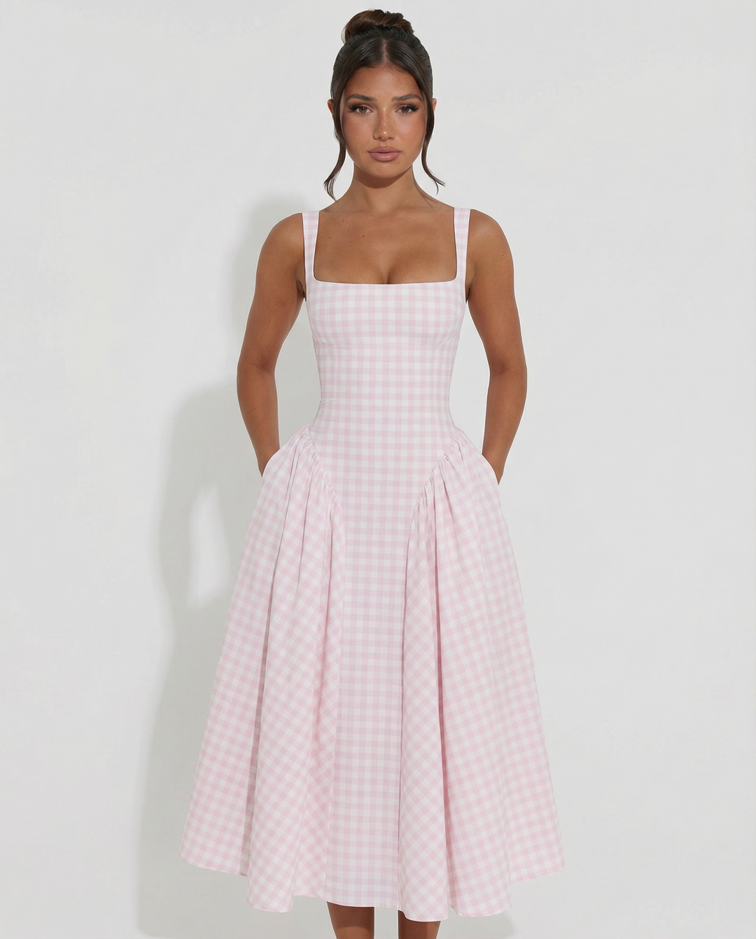 Francesca | Midi Dress with Gingham Corset and Square Neck