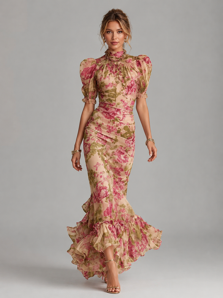 Reva | Puff Sleeve Fishtail Maxi Dress