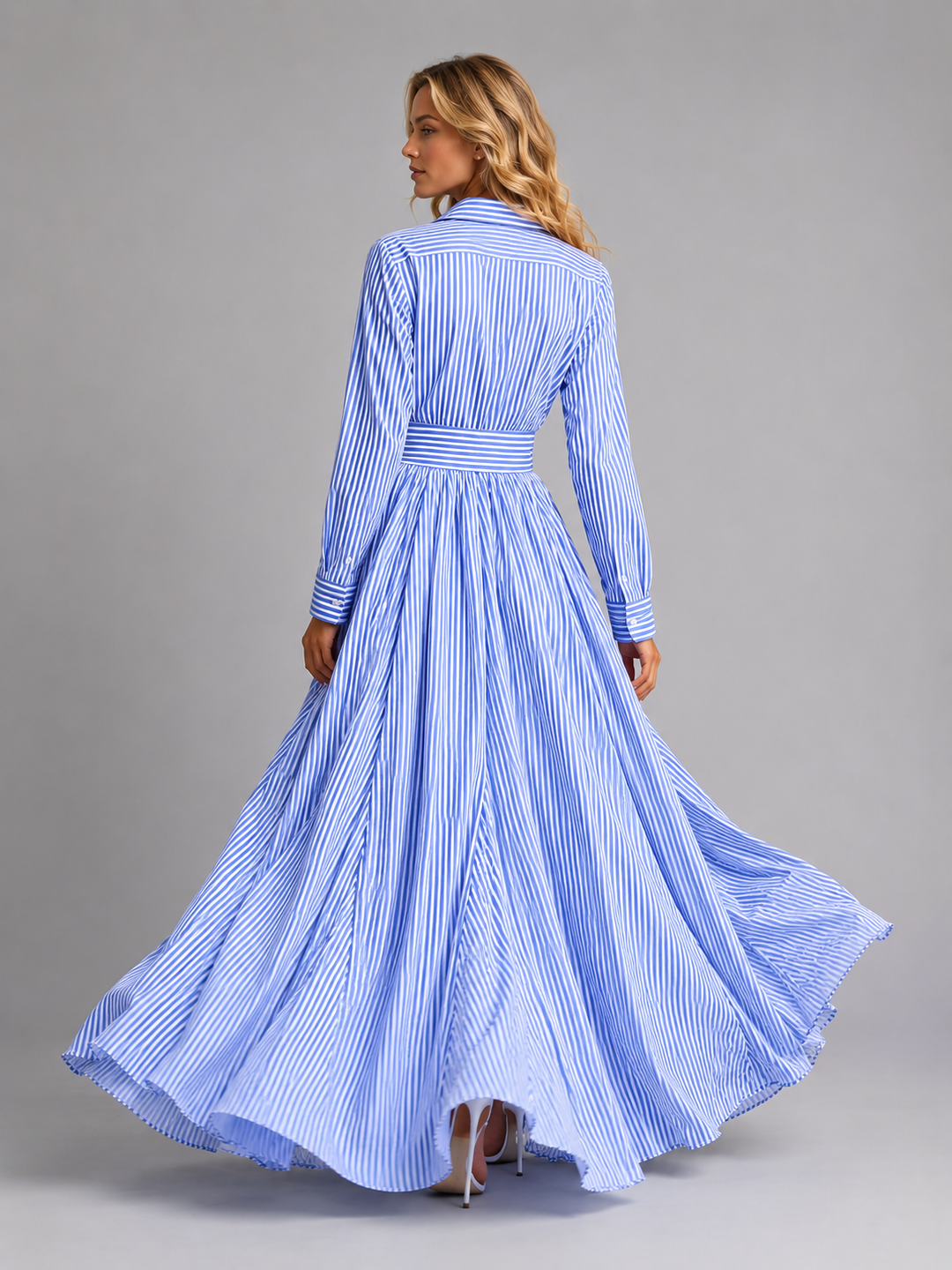 Edith | Cinched Waist Striped Shirt Maxi Dress
